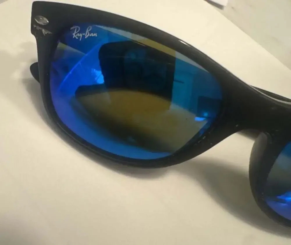 Ray-Ban RB2132 New Wayfarer Sunglasses in Rubber Black with Blue Mirror Lenses